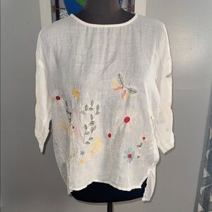 Aichen Embroidered Hemp/ Linen Blend Top SZ Medium